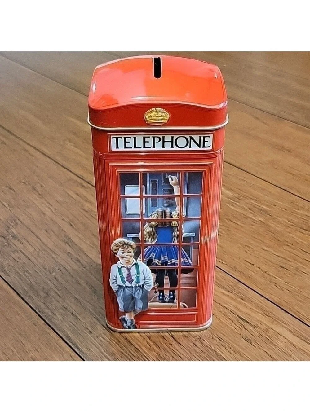 Vintage Churchill's Red Kiosk Telephone Booth Collectible Bank Tin